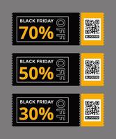 Black friday gift voucher card with coupon code text and qr code template design background promotion. vector