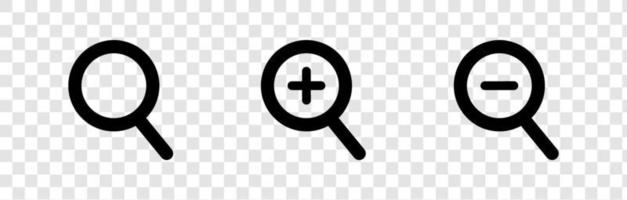 Search Line and Zoom in Icons. Magnifying Glass with Plus and Minus Icon For Mobile and Web Isolated on Transparent Background.