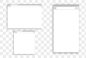 Modern browser window design isolated on transparent background. Web window screen mockup. Internet empty page concept with shadow. Empty laptop, tablet and mobile internet page. Vector illustration.