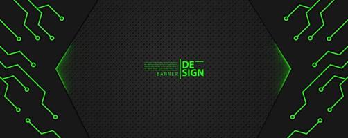 Futuristic banner with computer circuit. Green glowing neon circuit isolated in black background. Vector illustration.