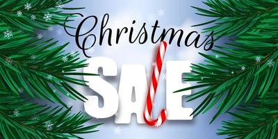 Christmas sale banner with realistic fir or pine branches, snowflakes, candy cane and advertising discount text decoration on blue background. Vector illustration.