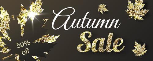 Autumn sale banner with golden glittering maple leaves on black background. Vector illustration.
