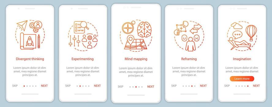 Creative thinking onboarding mobile app page screen vector template. HR soft skills and abilities. Imagination, experimenting, mind mapping. Walkthrough website steps. UX, UI, GUI smartphone interface