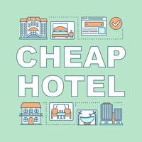 Cheap hotel word concepts banner. Hotel buildings and rooms. Spa salon, dining room. Presentation, website. Isolated lettering typography idea with linear icons. Vector outline illustration