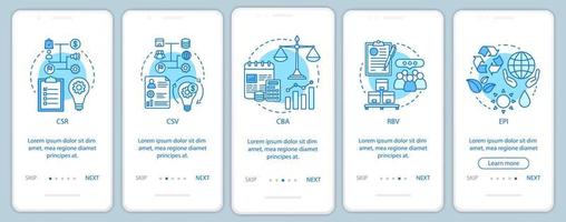 plantilla de vector de pantalla de página de aplicación móvil de incorporación de gobierno corporativo. csr. ciudadanía corporativa. Etica de negocios. paso a paso del sitio web. desarrollo sostenible. interfaz de teléfono inteligente ux, ui, gui