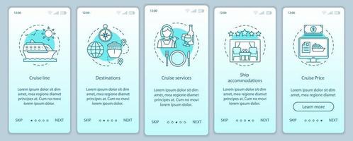 Cruise information onboarding mobile app page screen vector template. Cruise line, destinations, services. Walkthrough website steps with linear illustrations. UX, UI, GUI smartphone interface concept