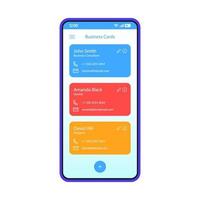 plantilla de vector de interfaz de teléfono inteligente de lista de contactos. escáner de tarjetas de visita. directorio telefónico. diseño de la interfaz de la aplicación móvil. pantalla de la guía telefónica. interfaz de usuario plana para la aplicación. pantalla del teléfono