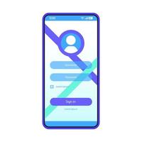 User authorization smartphone page vector template. Sign in. Mobile app interface blue design layout. Login, sign up screen. Flat UI application. Registration. Phone display with password and username