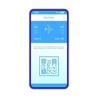 Tickets booking app interface vector template. Mobile app interface blue design layout. Smartphone flight ticket buying. Online trip planning. Flat UI. Phone display with QR code