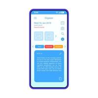 Organizer app smartphone interface vector template. Mobile planner, reminder application interface design. Day planning widget screen. Schedule, timetable. Flat UI for application. Phone display