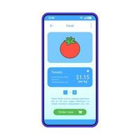 Grocery store app interface vector template. Mobile app interface blue design layout. Smartphone food buying. Online shopping. Store vegetables category. Flat UI. Phone display with tomato ordering