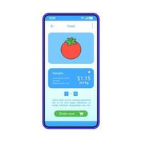 Grocery store app interface vector template. Mobile app interface blue design layout. Smartphone food buying. Online shopping. Store vegetables category. Flat UI. Phone display with tomato ordering