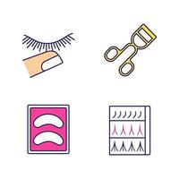 Eyelash extension color icons set. Stop touching lashes, curler, disposable eyeshadow pads, eyelash extension packaging. Isolated vector illustrations