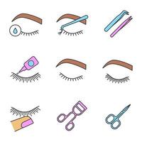 Eyelash extension color icons set. Makeup tools. Primer, cluster, tweezers, glue, lash curler, scissors, stop touching, before and after eyelash extension. Isolated vector illustrations