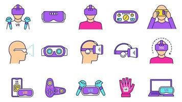 Virtual reality color icons set. VR games, apps, headset, controllers, players. Virtual reality devices. Isolated vector illustrations