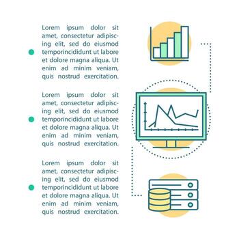 plantilla de página de artículo de big data. servidor de base de datos. análisis de datos. folleto, revista, diseño de folletos con iconos lineales y texto. estadísticas, herramientas analíticas. diseño de impresión. concepto con espacio de texto vector