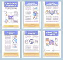 Foreign language school brochure template. Flyer, booklet, leaflet print design. Language learning for kids and adults. Speaking club, grammar. Vector page layouts for magazines, reports, posters