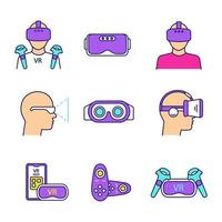 Virtual reality color icons set. VR games players, headsets, controllers, smartphone apps. Virtual reality devices. Isolated vector illustrations