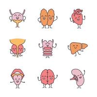 Smiling human internal organs characters color icons set. Healthy cardiovascular, urinary, immune, reproductive, digestive, respiratory, nervous, lymphatic systems. Isolated vector illustrations