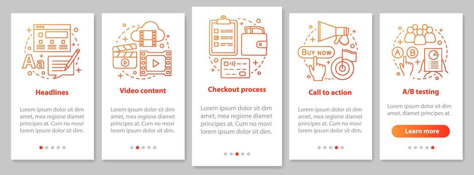 Digital marketing onboarding mobile app page screen with linear concepts. Advertising campaign walkthrough graphic steps. SMM promotion. SMM. UX, UI, GUI vector template with illustrations