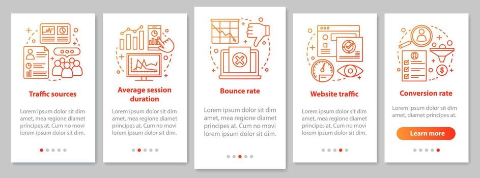 Website traffic onboarding mobile app page screen with linear concepts. Sales conversion rate analytics. SMM metrics walkthrough steps instructions. UX, UI, GUI vector template with illustrations