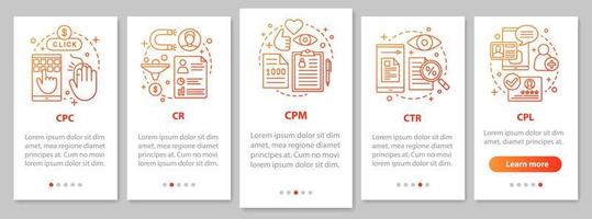 Advertising metrics onboarding mobile app page screen with linear concepts. Digital marketig. SMM. CTR, CPC, CPM, CR, CPL walkthrough graphic steps. UX, UI, GUI vector template with illustrations
