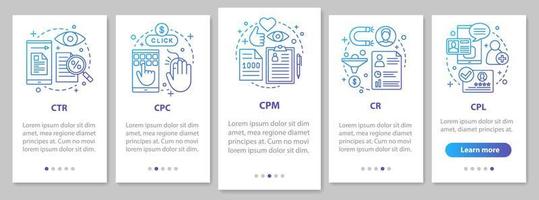 Advertising metrics onboarding mobile app page screen with linear concepts. Digital marketig. SMM. CTR, CPC, CPM, CR, CPL walkthrough steps instructions. UX, UI, GUI vector template with illustrations