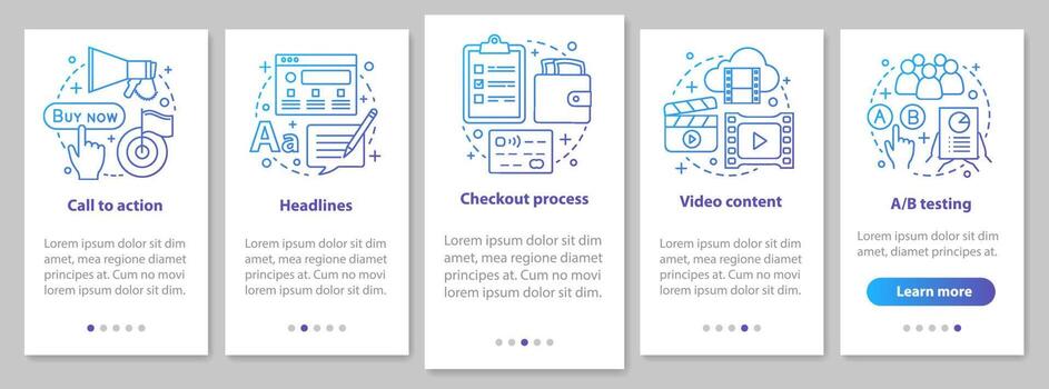 Internet marketing onboarding mobile app page screen with linear concepts. Advertising campaign walkthrough steps graphic. Digital promotion. SMM. UX, UI, GUI vector template with illustrations