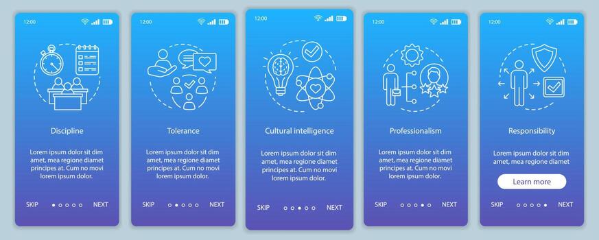 HR soft skills onboarding mobile app page screen template. Employee qualities, abilities walkthrough website steps. Responsibility, discipline, tolerance. UX, UI, GUI smartphone interface concept vector