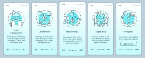 habilidades de los empleados, cualidades que incorporan la plantilla de vector de pantalla de página de aplicación móvil. pasos del sitio web del tutorial de empleo. negociación, delegación, colaboración. concepto de interfaz de teléfono inteligente ux, ui, gui