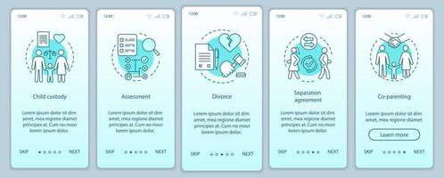Mediation onboarding mobile app page screen vector template. Child custody, assessment, divorce, co-parenting. Walkthrough website steps with linear illustrations. UX, UI smartphone interface concept