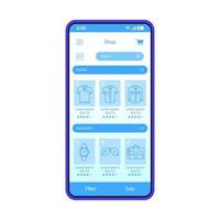 Plantilla de vector de interfaz de teléfono inteligente de aplicación de compras en línea. tienda de internet de moda. diseño de diseño azul de la página de la aplicación móvil. pantalla del sitio de ropa masculina y accesorios. ui plana. pantalla del teléfono