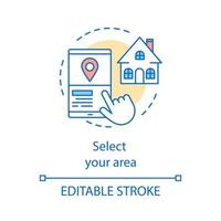 Househunt concept icon. Moving home, apartment, house rent idea thin line illustration. Choosing, selecting area, locality, district, house search. Vector isolated outline drawing. Editable stroke