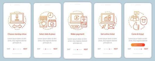 Standup onboarding mobile app page screen vector template. Show online ticket payment. Meeting event. Walkthrough website steps with linear illustrations. UX, UI, GUI smartphone interface concept