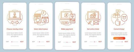 Standup onboarding mobile app page screen vector template. Show online ticket payment. Meeting event. Walkthrough website steps with linear illustrations. UX, UI, GUI smartphone interface concept