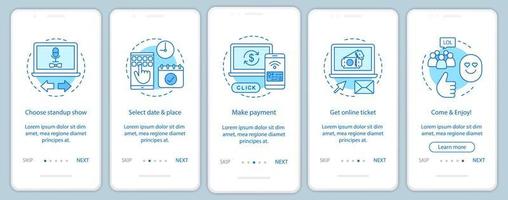 Standup onboarding plantilla de vector de pantalla de página de aplicación móvil. Cumplir con el pago de entradas en línea. evento de rendimiento. paso a paso del sitio web, ilustraciones lineales. concepto de interfaz de teléfono inteligente ux, ui, gui