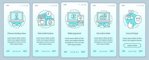 Standup onboarding mobile app page screen vector template. Performance online ticket payment. Show event. Walkthrough website steps with linear illustrations. UX, UI, GUI smartphone interface concept