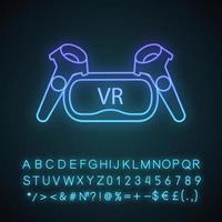 VR set neon light icon. Virtual reality headset and controllers. VR glasses with remote control, gamepad. Glowing sign with alphabet, numbers and symbols. Vector isolated illustration