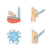 Vaccination and immunization color icons set. Subcutaneous injection, flu shot, influenza virus, vaccine allergy. Isolated vector illustrations