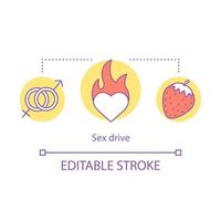 Sex drive concept icon. Libido idea thin line illustration. Sexual desire. Passion. Burning heart, strawberry, sex sign. Vector isolated outline drawing. Editable stroke