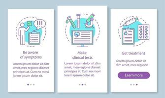 plantilla de vector de pantalla de página de aplicación móvil de incorporación de exámenes médicos. hacer pruebas, recibir tratamiento. paso a paso del sitio web con ilustraciones lineales. concepto de interfaz de teléfono inteligente ux, ui, gui