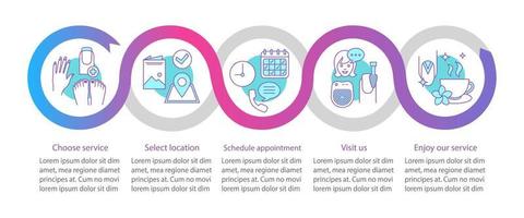 Nail salon vector infographic template. Manicurist appointment. Manicure service. Data visualization with five steps and options. Process timeline chart. Workflow layout with icons