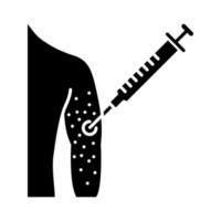 Vaccine allergy glyph icon. Silhouette symbol. Vaccination injection. Syringe in arm. Drug injecting. Skin rash, irritation. Negative space. Vector isolated illustration