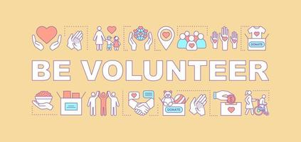 Volunteer training program word concepts banner. Charity, donation. Presentation, website. Charitable nonprofit organization. Isolated lettering idea with linear icons. Vector outline illustration