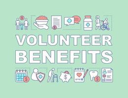Volunteering benefits word concepts banner. Charity. Presentation, website. Charitable foundation. Nonprofit organization. Isolated lettering typography with linear icons. Vector outline illustration