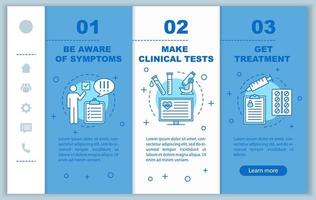 Medical screening onboarding mobile web pages vector template. Make tests, get treatment. Responsive smartphone website interface idea. Webpage walkthrough step screens. Color concept