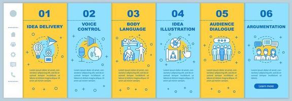 Habilidades para hablar en público incorporación de plantillas vectoriales de páginas web móviles. habilidades de orador. idea de interfaz de sitio web de teléfono inteligente sensible. pantallas de pasos del tutorial de la página web. concepto de color vector