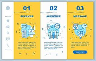 Rhetorical triangle onboarding mobile web pages vector template. Speaker, audience, message. Responsive smartphone website interface idea. Webpage walkthrough step screens. Color concept