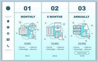 E-library onboarding mobile app screens with service prices. Walkthrough website pages templates. Online courses. E-learning tariff plans steps. E-books costs. Payment smartphone web page layout vector