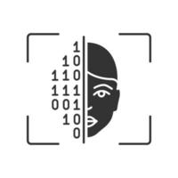 Face scanning procedure glyph icon. Silhouette symbol. Facial recognition. Identity authentication. Binary code. Face ID scan software. Negative space. Vector isolated illustration